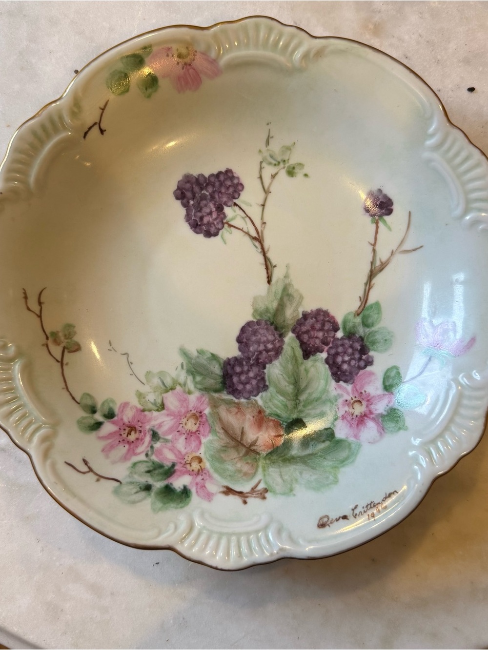 Gorgeous Antique Hand-Painted Floral Porcelain Plate blackberries & wild roses